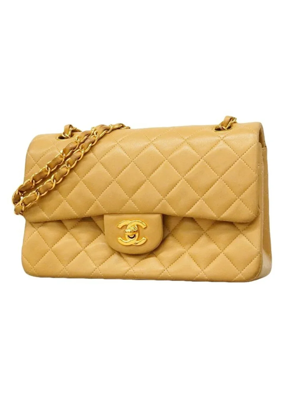 Chanel Shoulder Bag Quilted Lambskin Beige Gold